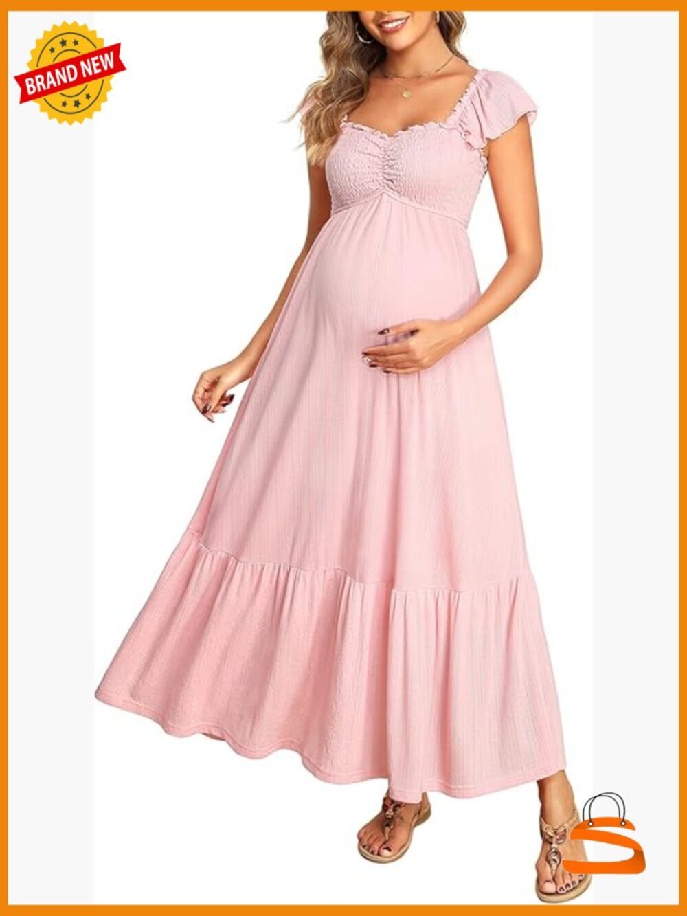 Maternity Textured Smocked Maxi Dress with Ruffle Cap Sleeves